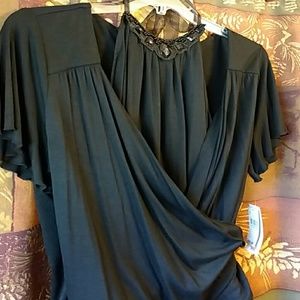NWT Black Beaded Faux-2 Pc Cross Fold Top